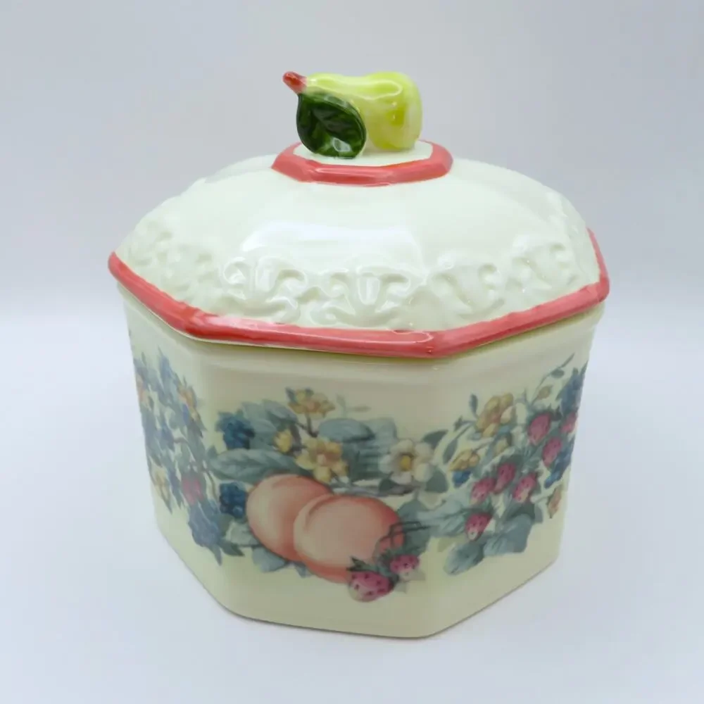 Vintage Avon Sweet Country Harvest Ceramic Covered Small Canister w/ Pear Finial